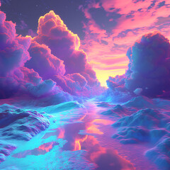 A surreal 3D render of an alien landscape, where neon clouds cast ethereal shadows on a vibrant, ever-changing sky