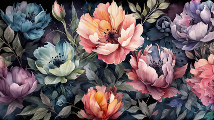 Delicate, colorful water-color wallpaper with beautiful spring flowers. Illustration 4K - obrazy, fototapety, plakaty