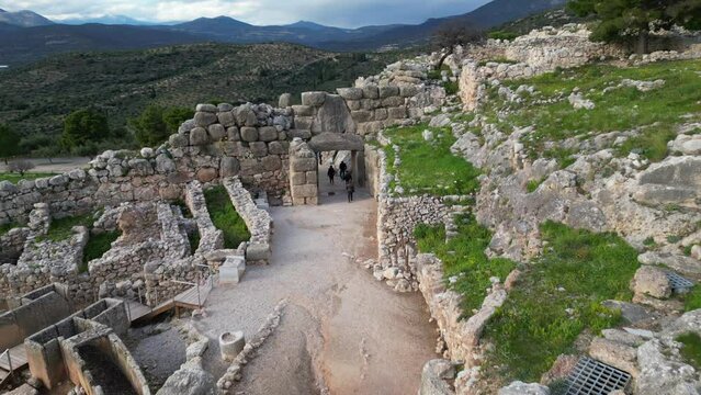 Aerial view by drone of archaeological site of ancient citadel of , north-eastern Peloponnese, Greece - Greek settlement of the 12th century BC. e. with the ruins of the acropolis Agamennone 