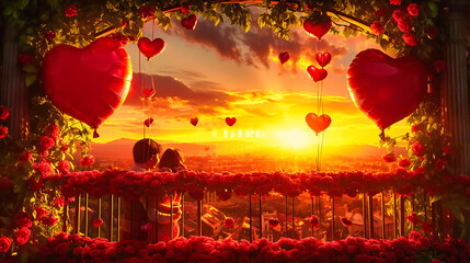 Festive Valentines Day background with heart-shaped balloons, symbolizing love, celebration, and joyful expression in a vibrant setting