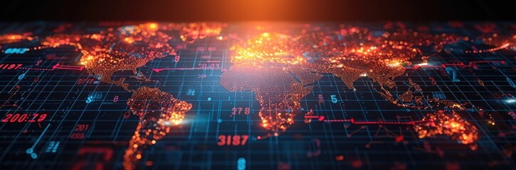 A world map with arrows and numbers depicting international stock flow and exchange rates 