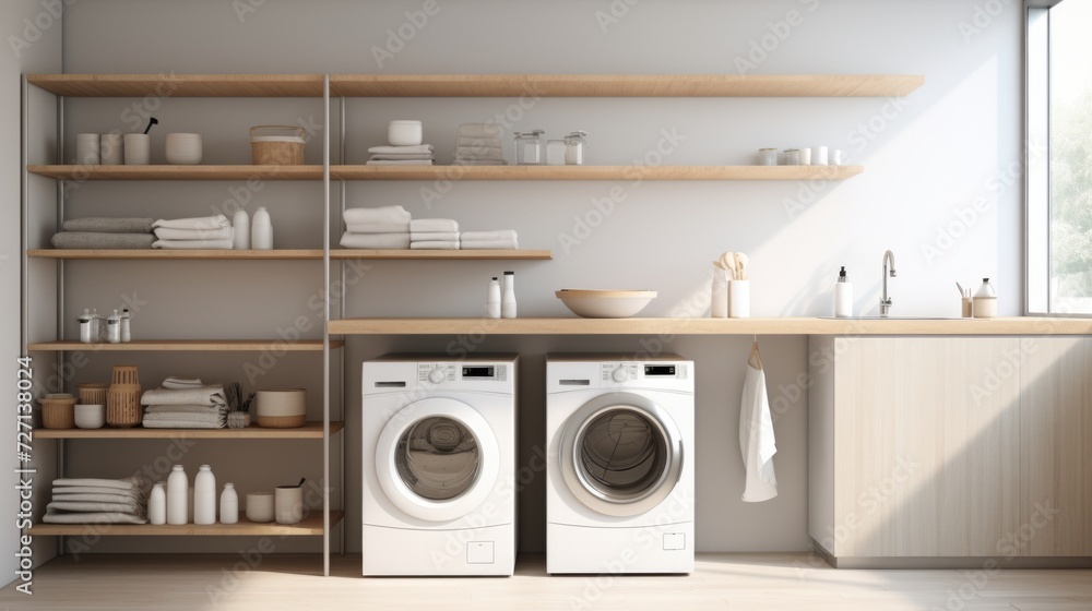 Poster a minimalist laundry room design with a stackable washer and dryer, minimalist shelving, and neutral