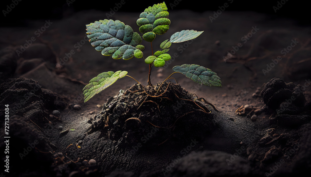 Wall mural picture of delicate young plant growing from soil. Generative AI.