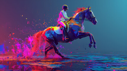 Immerse in the precision of EQUESTRIAN sports with a neon mosaic, assembling small, colorful tiles to capture the dynamic movement and spirit of this Olympic discipline.