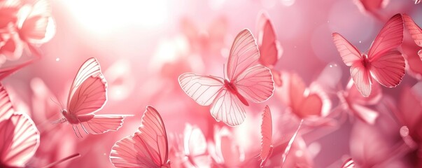 butterfly background. Background of beautiful pink butterflies in a pink shade. butterfly banner - obrazy, fototapety, plakaty