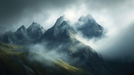 Majestic mountains wear a crown of clouds, their peaks peeking through the mist.