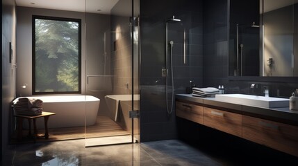 A modern bathroom with sleek fixtures, a glass-enclosed shower, and contemporary tiles Generative AI