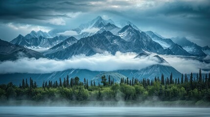 Fototapeta na wymiar Majestic mountains wear a crown of clouds, their peaks peeking through the mist.