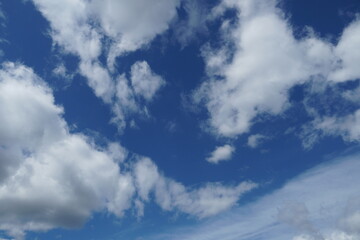 White fluffy clouds in the sky. Blue sky and cloud cover on a sunny summer day. Empty background, copy space