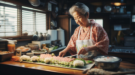 Asian grandmother cooks traditional dishes in a dim, cluttered kitchen, preserving cultural heritage with heartfelt culinary artistry - obrazy, fototapety, plakaty