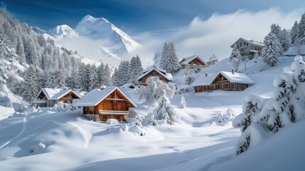 Winter scene. Deep snow blankets charming chalets, creating a picturesque village. 