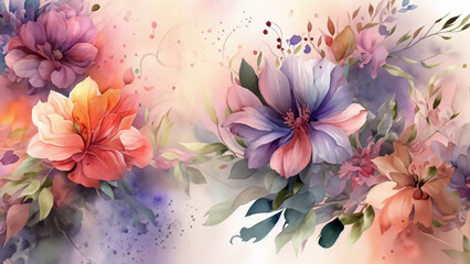 Delicate, colorful water-color wallpaper with beautiful spring flowers. Illustration 4K