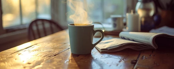  coffee cup or mug on wood table. Fresf hot coffee in cup from side view © Filip