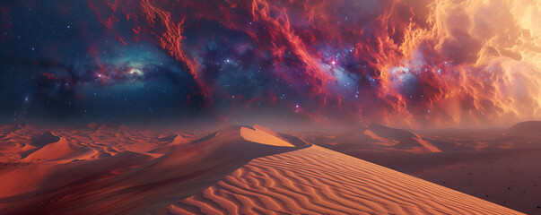 A surreal desert landscape with shifting dunes that transform into cosmic nebulae, blurring the line between the earthly and the extraterrestrial