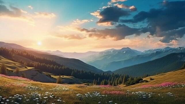 realistic photo Extraordinary beautiful mountain nature in beautiful hills, colorful forest sky. generative ai
