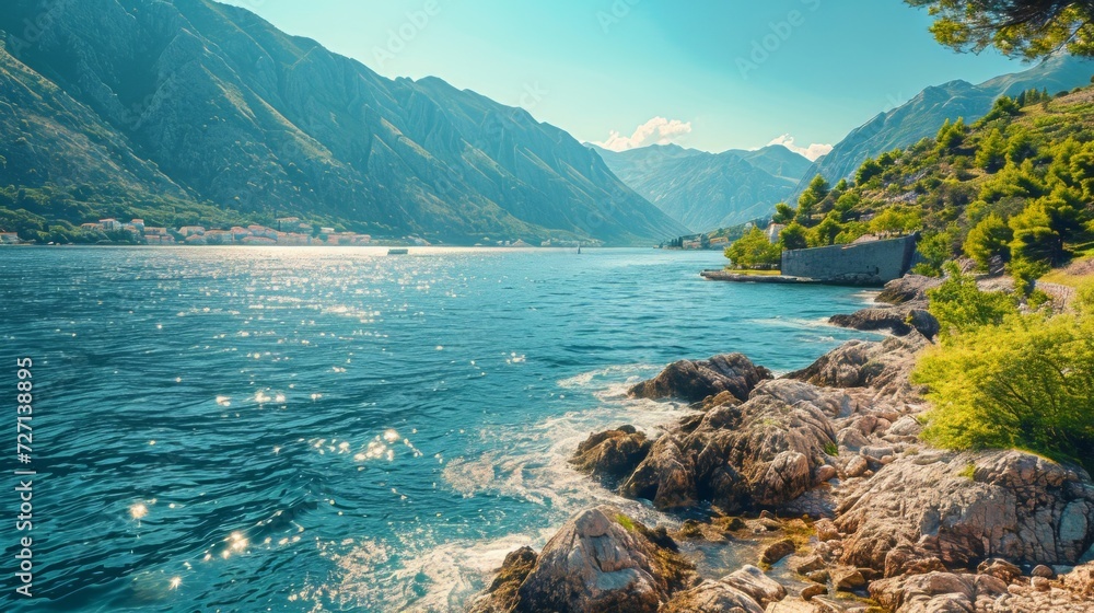 Poster a vivid photo of the bay of kotor under a clear sky, sunlight enhancing the details of the mountain 