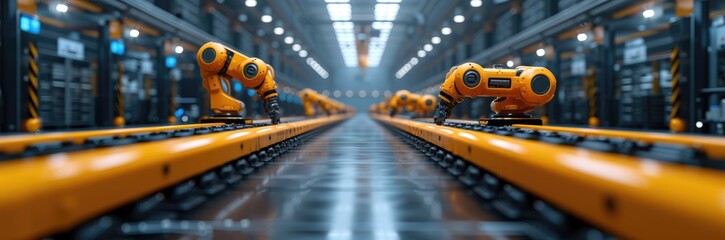 A busy factory floor with robots and humans working together, showcasing the future of manufacturing