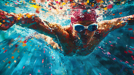Immerse in the precision of MARATHON SWIMMING with a neon mosaic, assembling small, colorful tiles to capture the dynamic movement and spirit of this Olympic water sport.