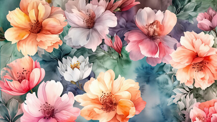 Delicate, colorful water-color wallpaper with beautiful spring flowers. Illustration 4K - obrazy, fototapety, plakaty
