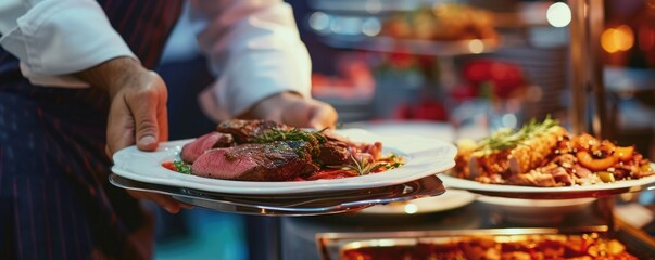 Waiter carry plate with steak meat or fresh dish on wedding ceremony.
