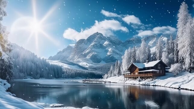 realistic photo Beautiful view of Emerald Lake with snow covered and shining log cabin in rocky mountains and pine forest in winter. generative ai
