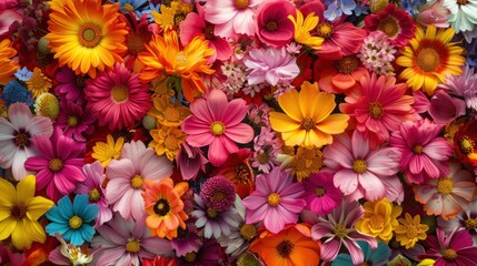 A vibrant background, kaleidoscope of colorful flowers. Petals of various hues create a lively and enchanting tapestry.