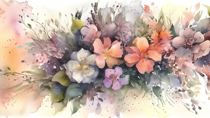 Delicate, colorful water-color wallpaper with beautiful spring flowers. Illustration 4K