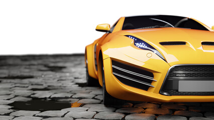 3D render of an orange sports car with a transparent background. Unbranded conceptual design.