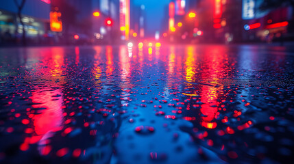 雨に濡れたアスファルトに反射した街の明かり