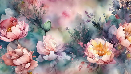 Delicate, colorful water-color wallpaper with beautiful spring flowers. Illustration 4K