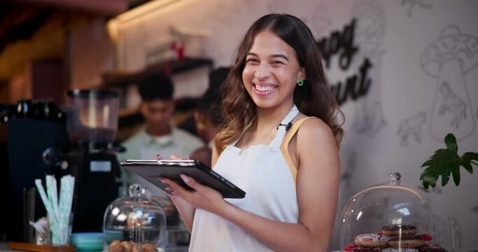 Tablet, happy and woman in coffee shop for online order in small business startup as owner or employee. Portrait, technology and young waitress or barista laughing in cafe for hospitality and service