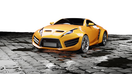 3D render of an orange sports car with a transparent background. Unbranded conceptual design. - 727140006