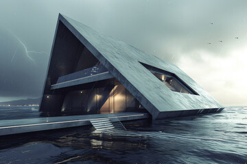 A building with some kind of triangular structure and sea water.