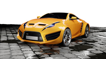 3D render of an orange sports car with a transparent background. Unbranded conceptual design. - 727140027