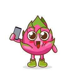 dragon fruit cartoon character holding a smartphone