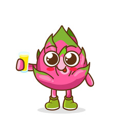 dragon fruit Cartoon Mascot Character Presenting And Holding Up A Glass Of Juice. Cute dragonfruit cartoon character holding a glass with juice.