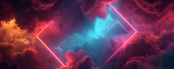 a surreal night sky as neon geometric shapes intertwine with stormy clouds, forming a rhombus frame with captivating copy space.