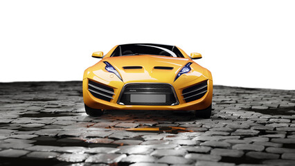 3D render of an orange sports car with a transparent background. Unbranded conceptual design. - 727140092