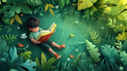 kid lying on green ground, reading a story from a book, wallpapers, children's books