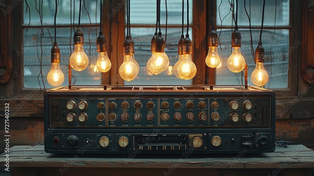 Poster antique cassette recorder adorned with rows of illuminated vintage-style light bulbs, evoking a char