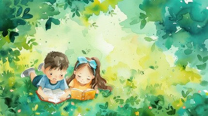 two kids reading a story from a book, lying on green ground