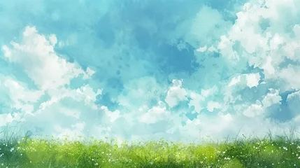 Schilderijen op glas watercolor illustration of a blue sky and green ground landscape, invitation cards and background © Yash
