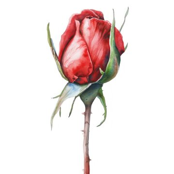 watercolor illustration of a single red rose bud isolated on white background