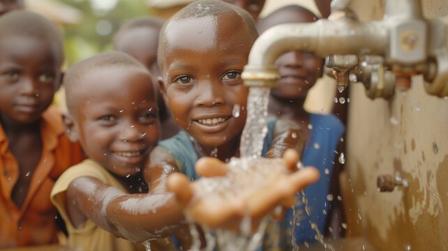Close - up of the hands of a group of African children under a faucet. world water day concept