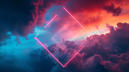 a surreal night sky as neon geometric shapes intertwine with stormy clouds, forming a rhombus frame...