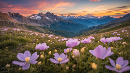 Fototapeta premium Beauty of mountain wildflowers. Discuss the short but intense blooming periods, emphasizing the importance of timing for those fortunate enough to witness the breathtaking display