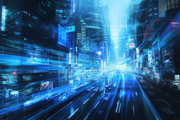 Street scape with blue light and futuristic cityscape.