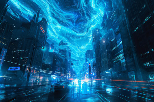 Street scape with blue light and futuristic cityscape.