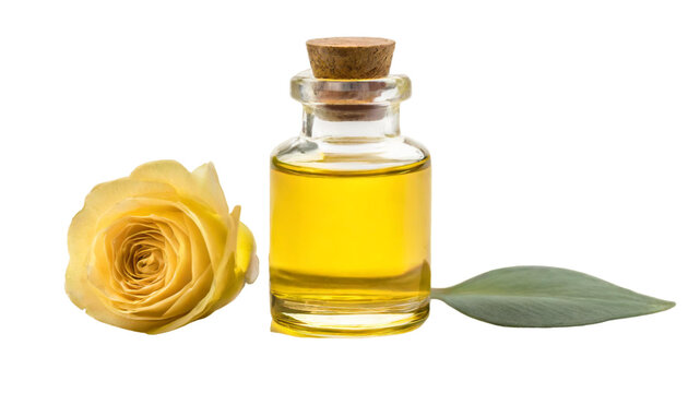 Essential oil in a glass bottle with a cork stopper. Isolated on transparent background.