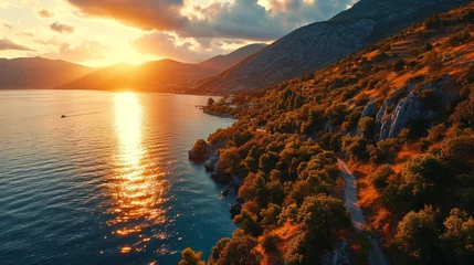 Papier Peint photo autocollant Moscou Boka Kotor Bay, warm sunset tones, aerial drone view, tranquil waters, detailed sunset Generative AI